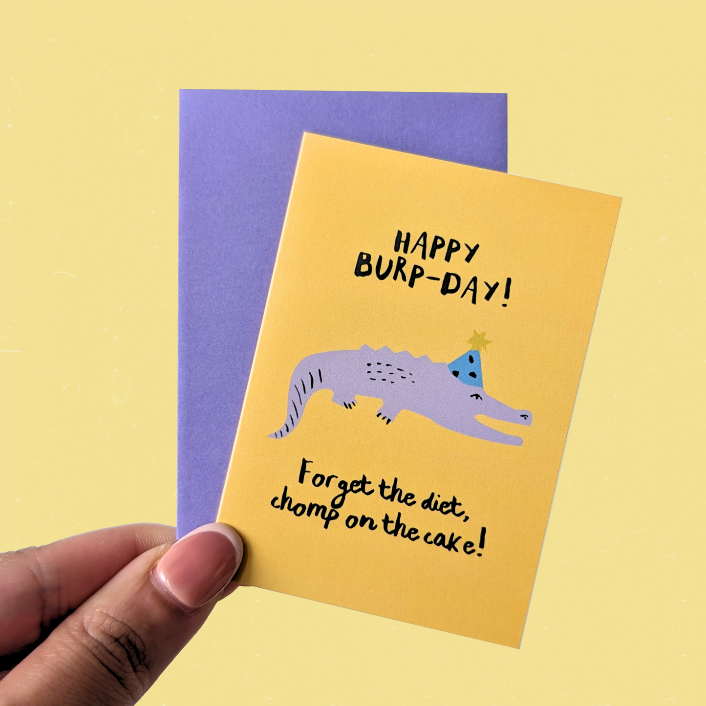 Birthday Animal Mini Card — Happy Burp-Day Crocodile Chomp