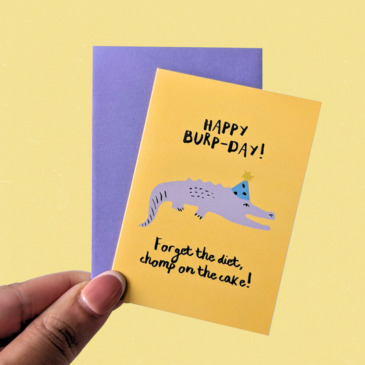 Birthday Animal Mini Card — Happy Burp-Day Crocodile Chomp